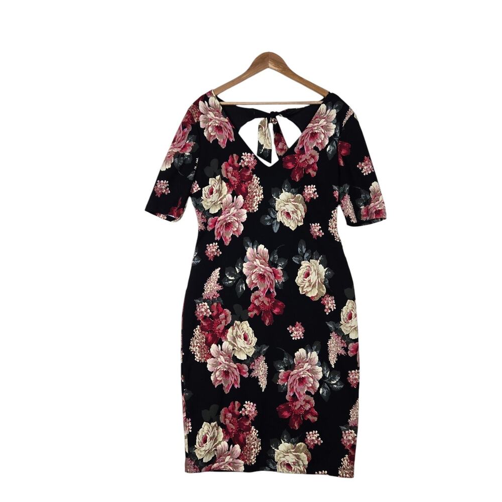 Premier Amour Floral Dress Sz 16 Black Pink Rose Bodycon Romantic Midi Elegant